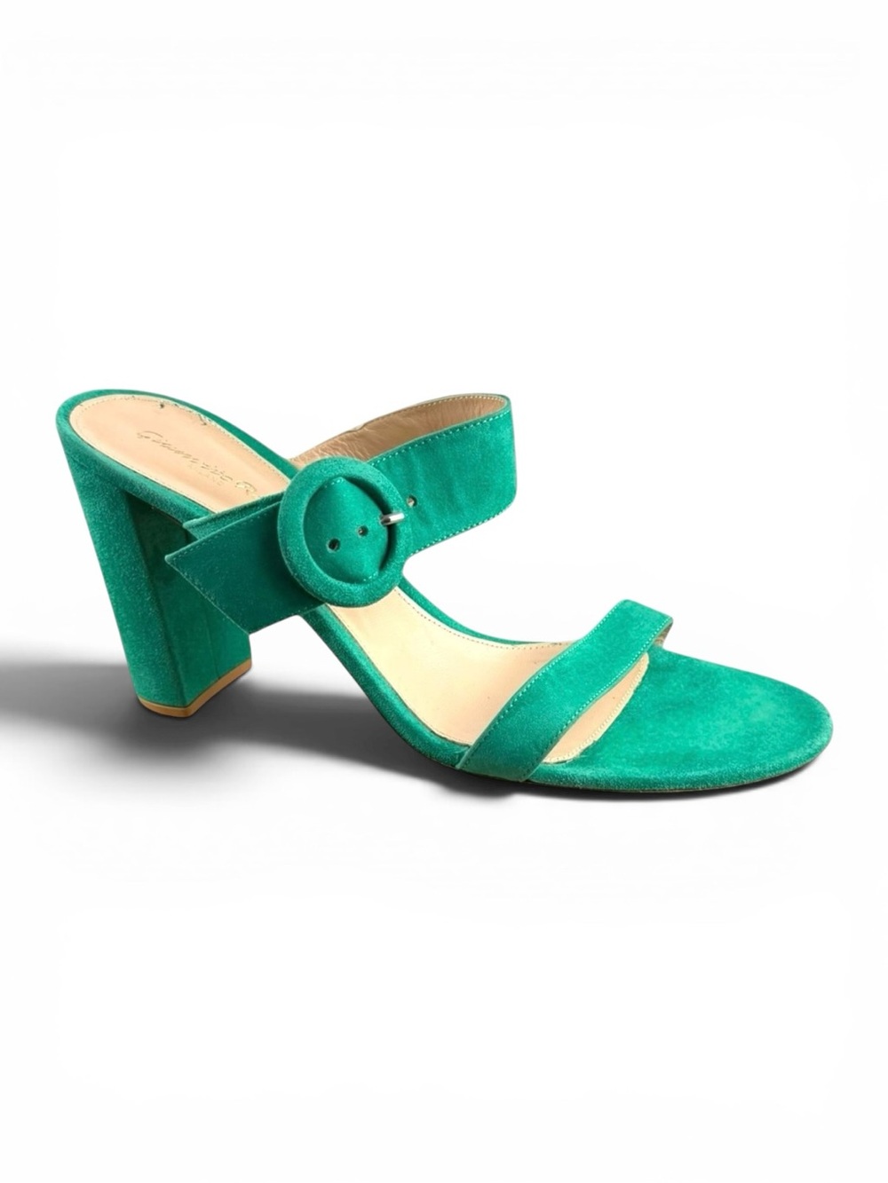 Gianvito Rossi Two-Band 85 suede sandal in a vibrant green tone.